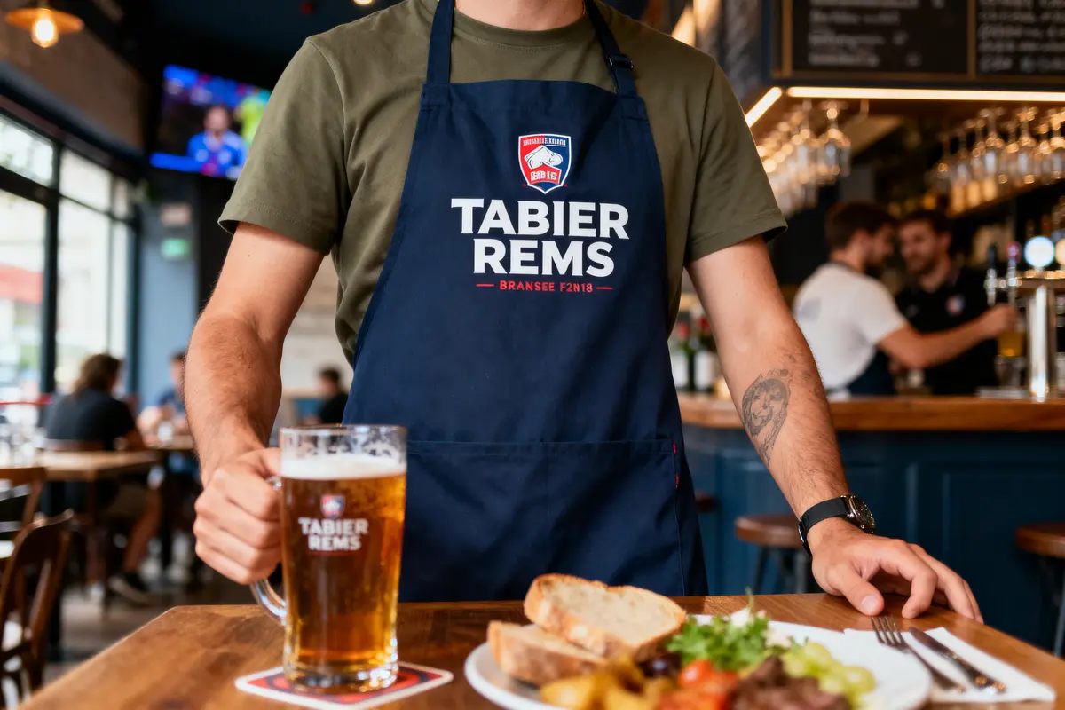 Serveur avec tablier tenant une bière, plat de nourriture sur table de restaurant animé en arrière-plan.