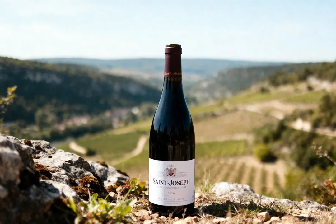 Bouteille de vin Saint-Joseph sur fond de vignoble vallonné et paysage naturel ensoleillé.