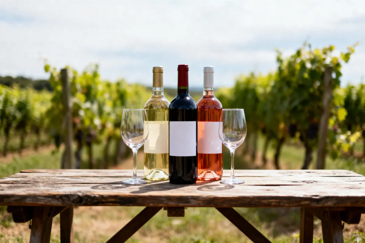 Trois bouteilles de vin et verres sur table en bois, vigne en arrière-plan.