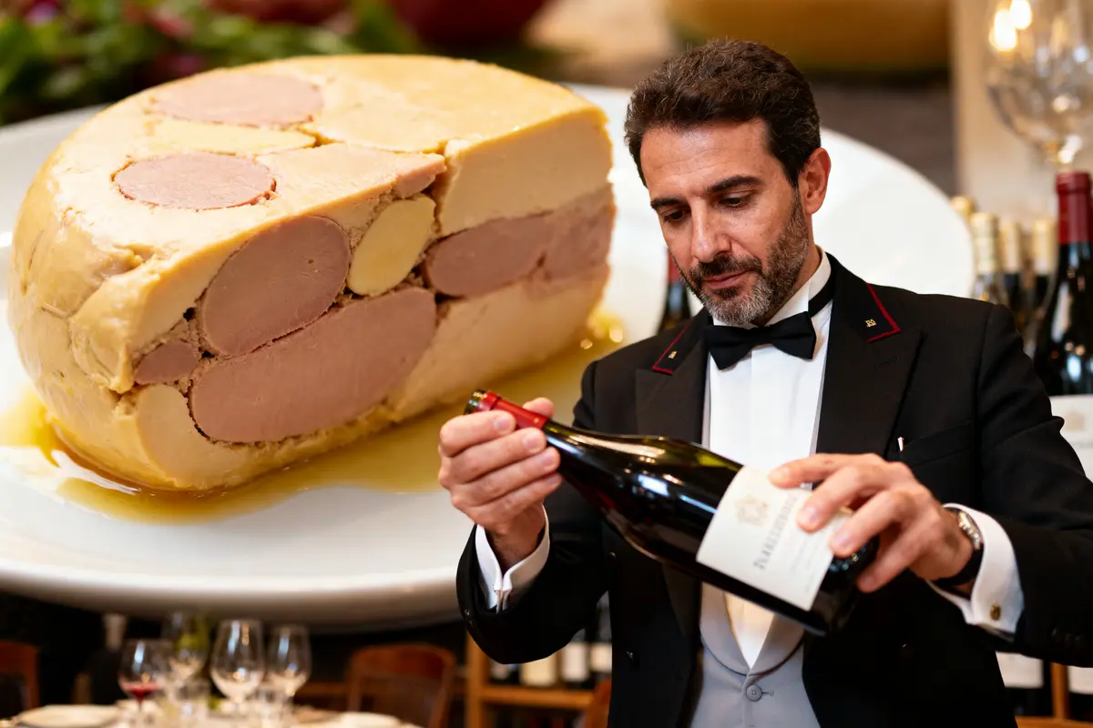 Un homme en smoking examine une bouteille de vin, avec du foie gras en arrière-plan.