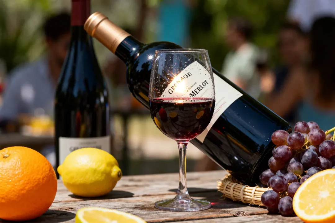 Verre de vin rouge, bouteille de merlot, fruits, raisins sur table en bois, extérieur flou en arrière-plan.