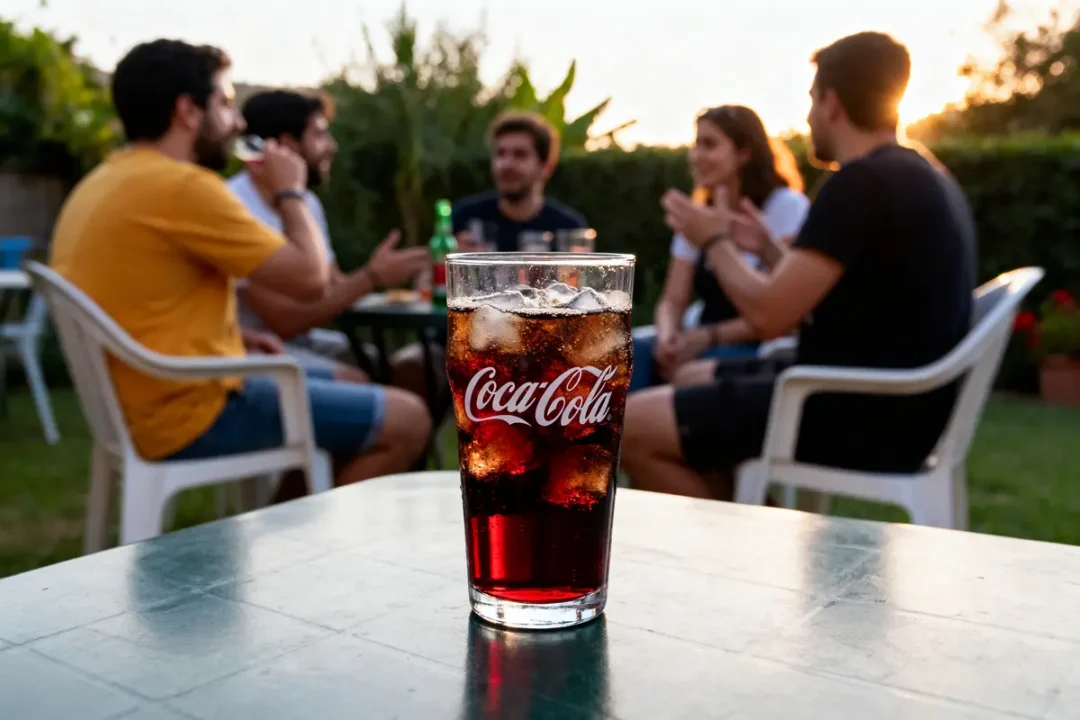Verre de Coca-Cola sur table, cinq personnes discutant en arrière-plan dans un jardin.