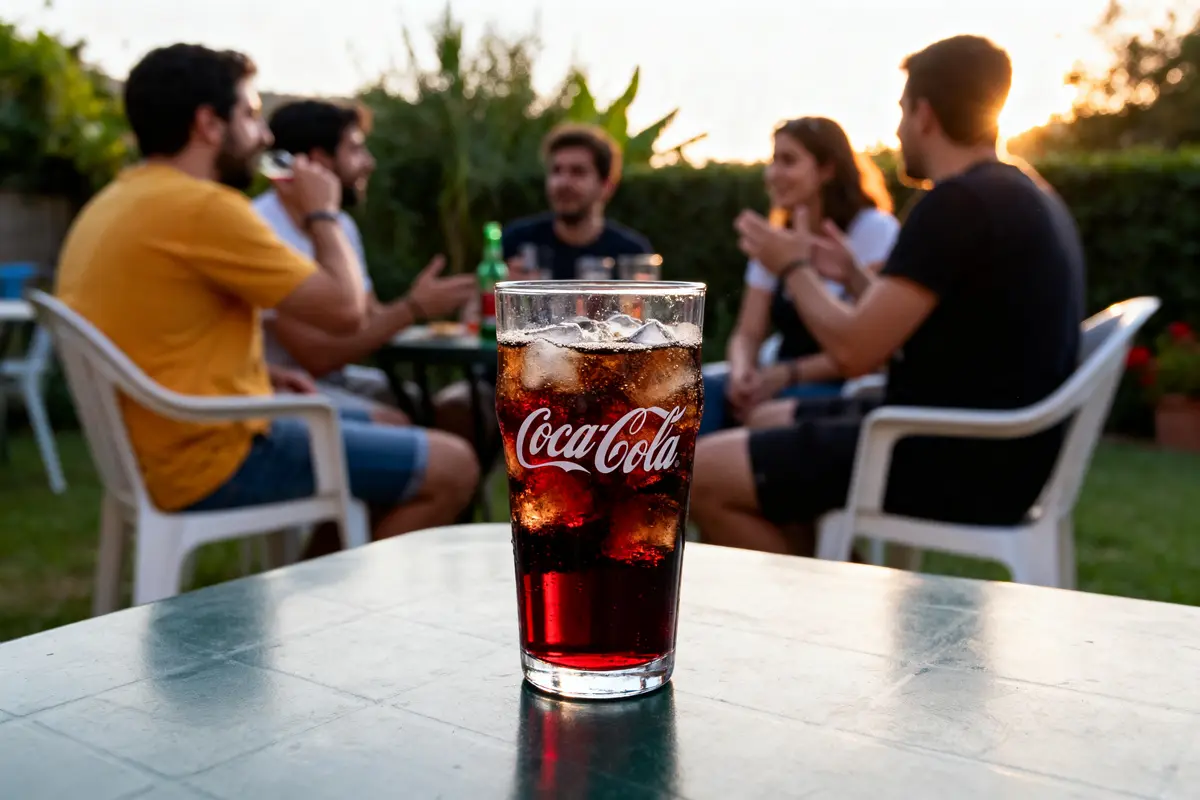 Verre de Coca-Cola sur table, cinq personnes discutant en arrière-plan dans un jardin.