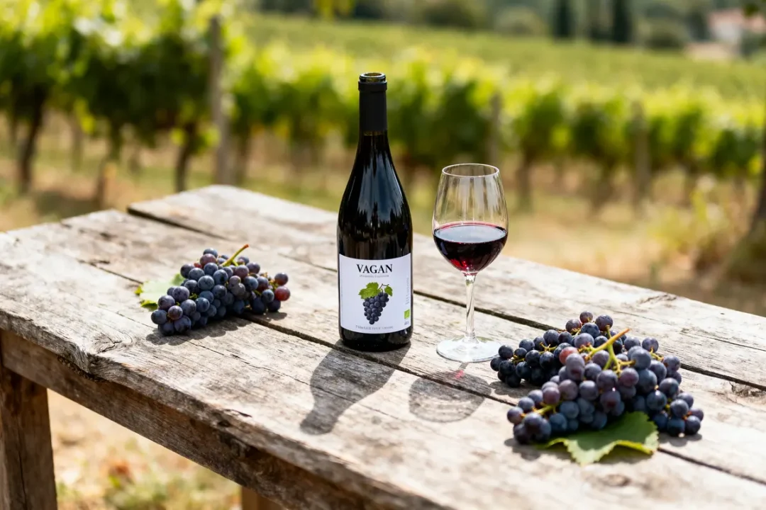 Bouteille de vin, verre et grappes de raisin sur table en bois, vignoble en arrière-plan.