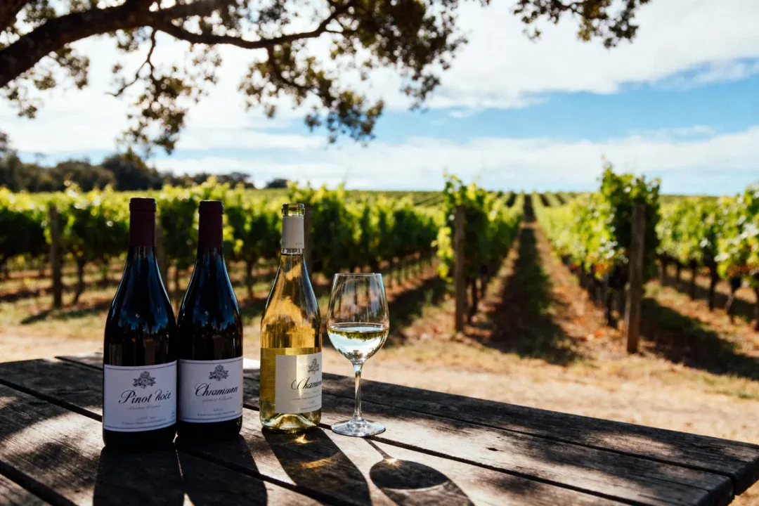 Trois bouteilles de vin et un verre sur une table, vignoble en arrière-plan par temps ensoleillé.