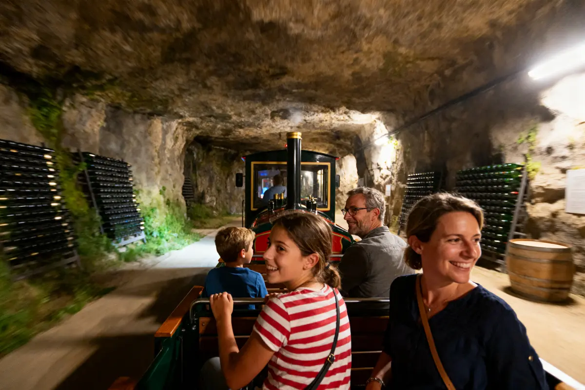 Personnes souriantes dans un petit train touristique souterrain, entourées de murs rocheux et de bouteilles de vin.
