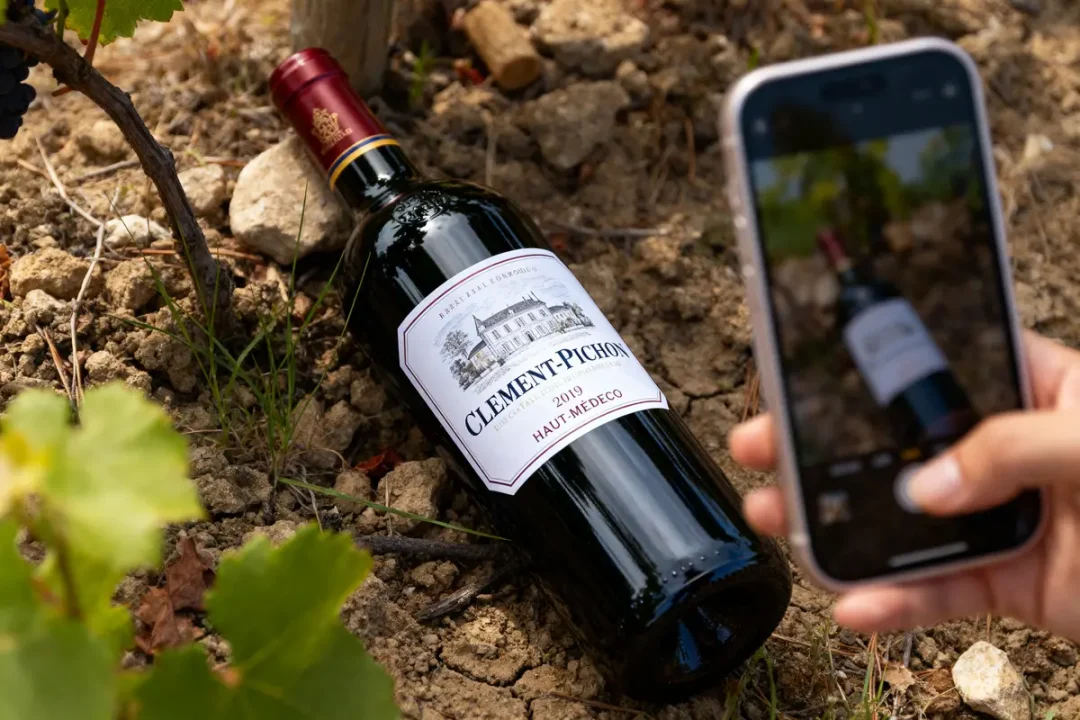 Bouteille de vin Clément-Pichon 2019, Haut-Médoc, photographiée avec smartphone dans un vignoble sur sol rocailleux.