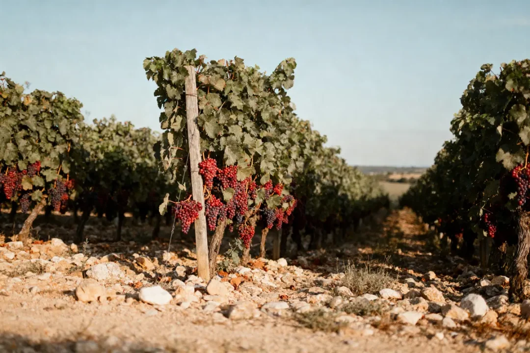 Vignes avec raisins rouges mûrs sur un sol rocheux sous un ciel dégagé.