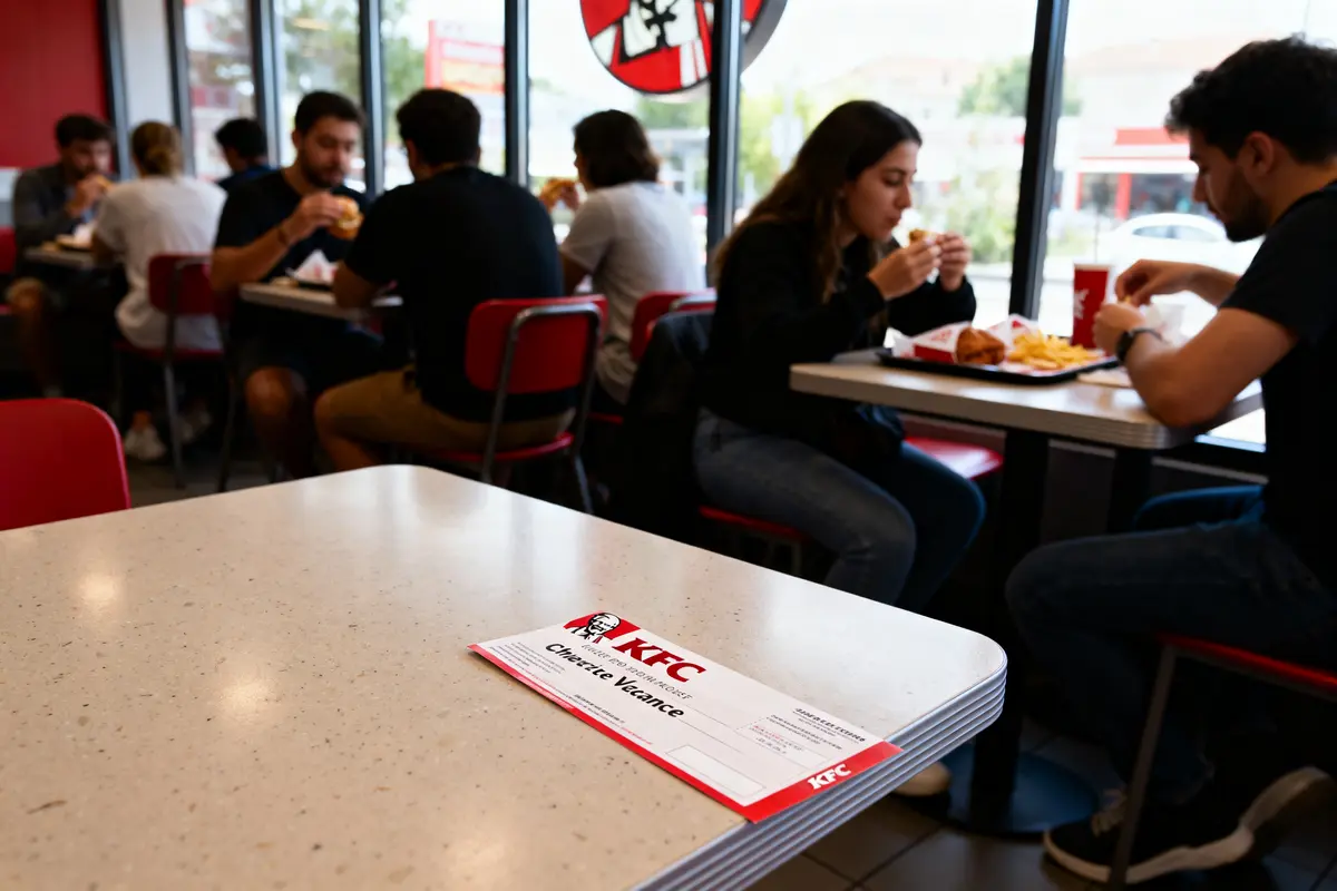 Gens mangeant dans un KFC, table vide au premier plan, ticket de vacances sur la table.