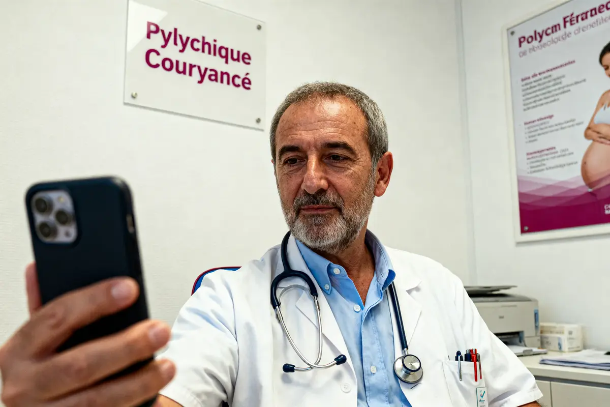 Médecin avec stéthoscope, utilisant un smartphone, assis dans un bureau médical avec affiches cliniques au mur.