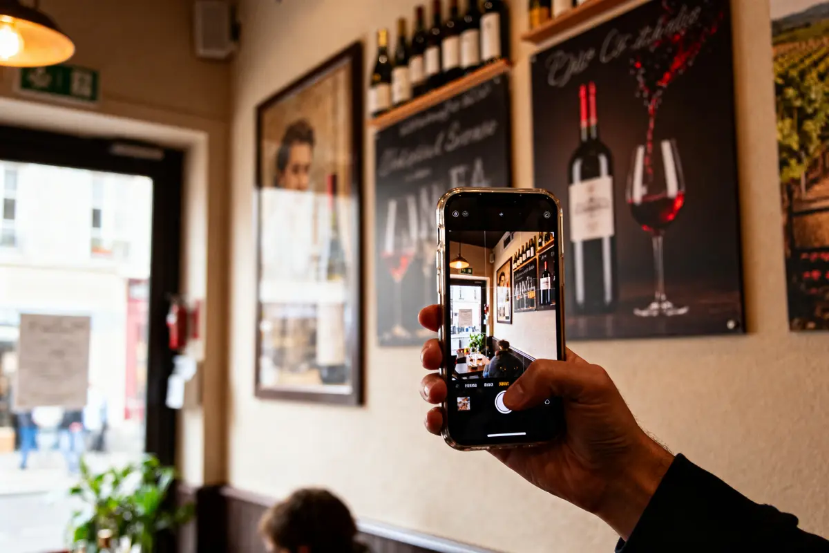 Main tenant un smartphone photographiant l'intérieur d'un café avec affiches de vins et bouteilles sur étagère.