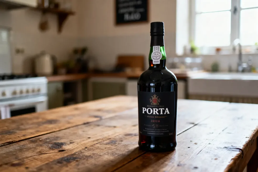 Bouteille de Porto posée sur une table en bois dans une cuisine lumineuse.