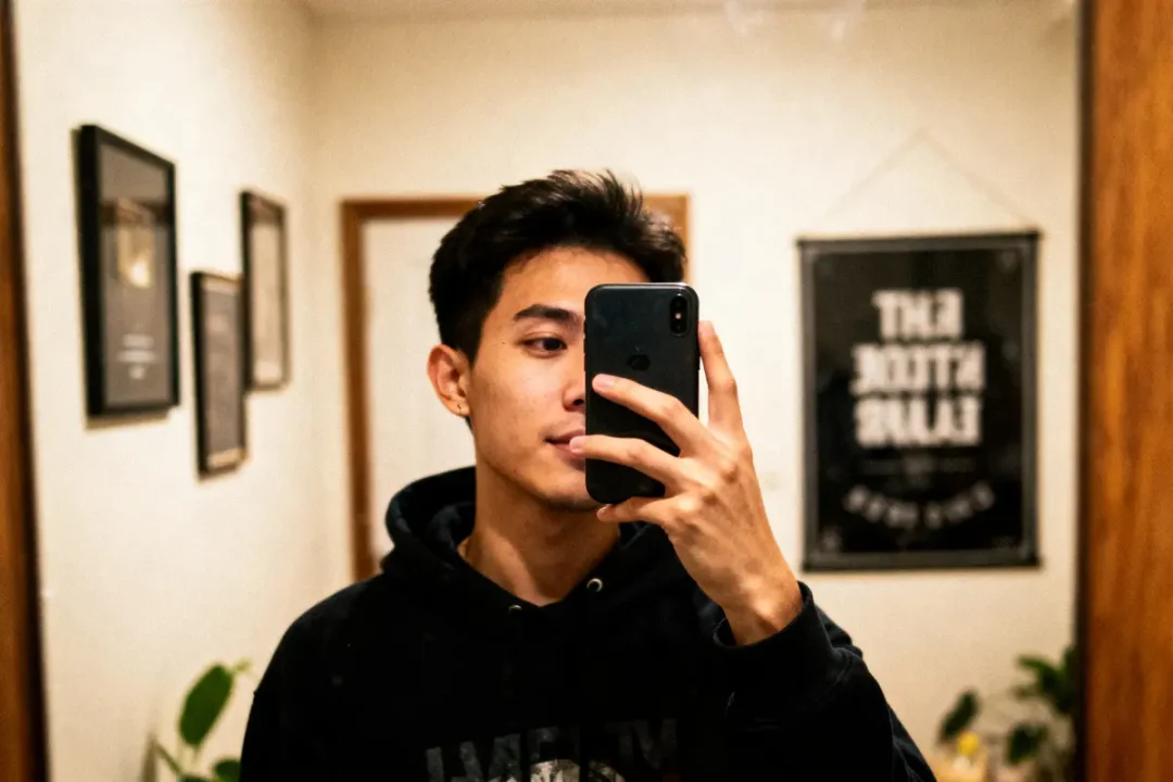 Jeune homme prenant un selfie devant un miroir, vêtu d'un sweat noir, avec des cadres muraux en arrière-plan.