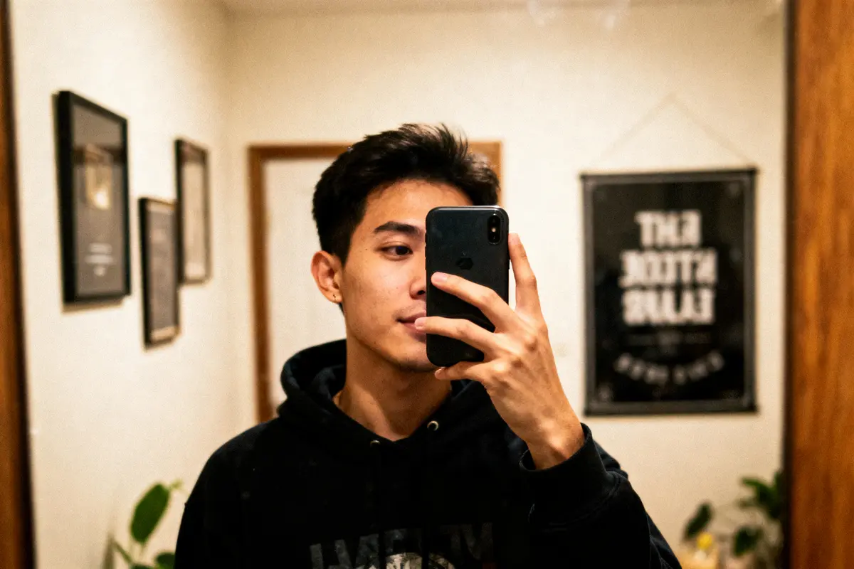 Jeune homme prenant un selfie devant un miroir, vêtu d'un sweat noir, avec des cadres muraux en arrière-plan.