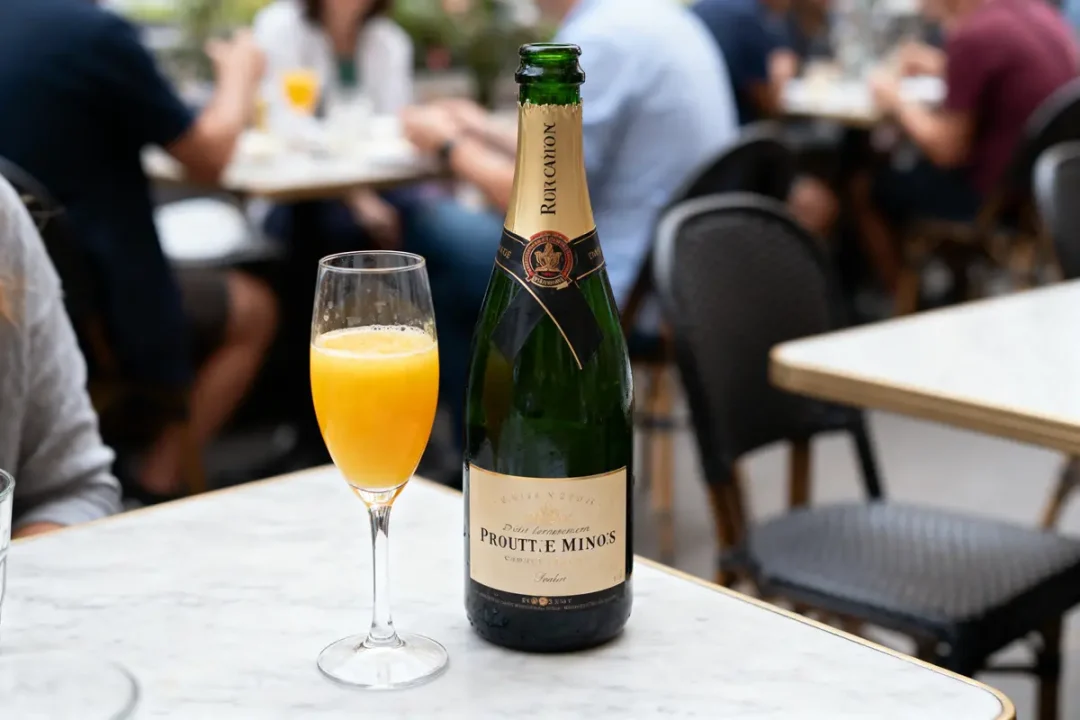 Bouteille de champagne et verre de cocktail orange sur table de café en extérieur, personnes en arrière-plan.