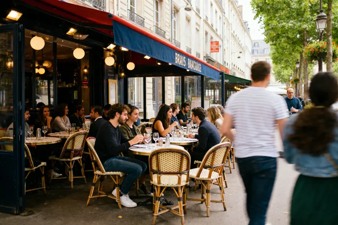 Personnes dînant en terrasse d'un café parisien, ambiance conviviale, rue animée, mobilier en osier.