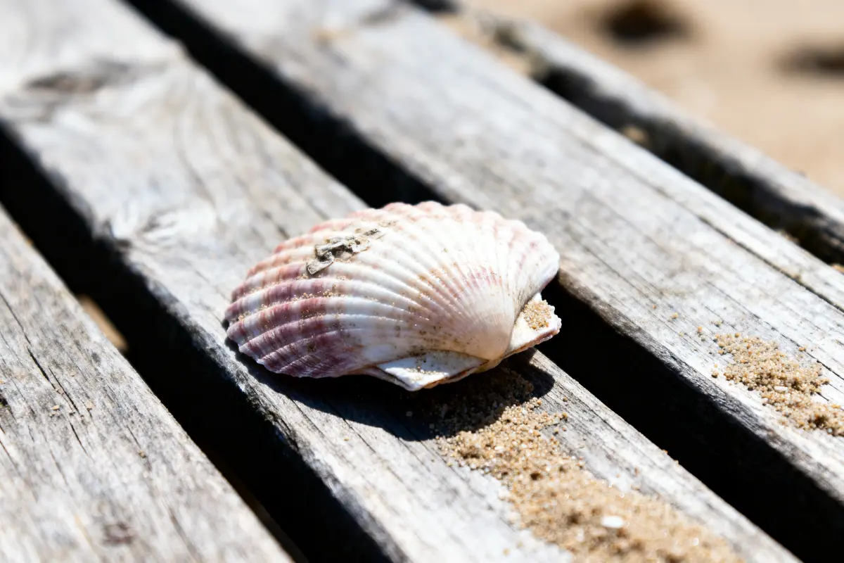 Coquillage rose et blanc sur planche en bois, avec sable autour, éclairé par le soleil.