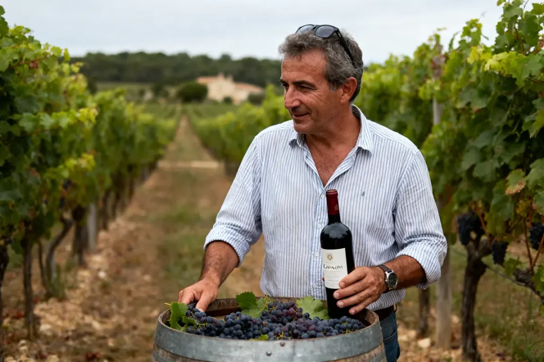 Homme dans un vignoble tenant une bouteille de vin, baril avec raisins au premier plan.