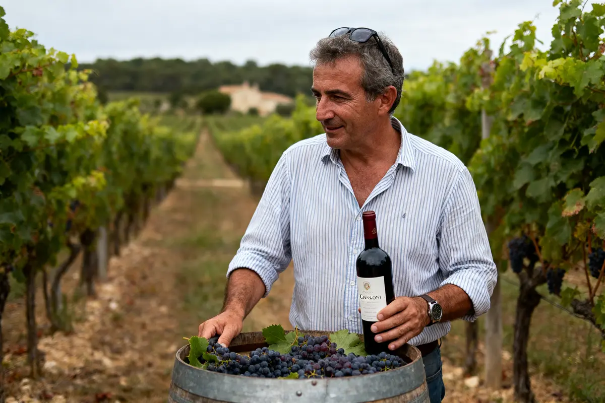Homme dans un vignoble tenant une bouteille de vin, baril avec raisins au premier plan.