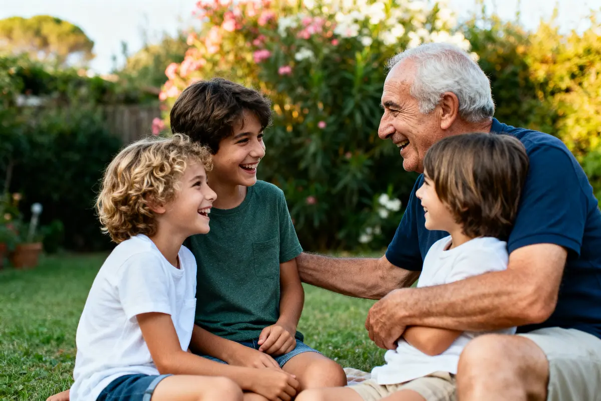 Grand-père souriant avec trois enfants assis dans le jardin, entourés de fleurs, partageant un moment joyeux.