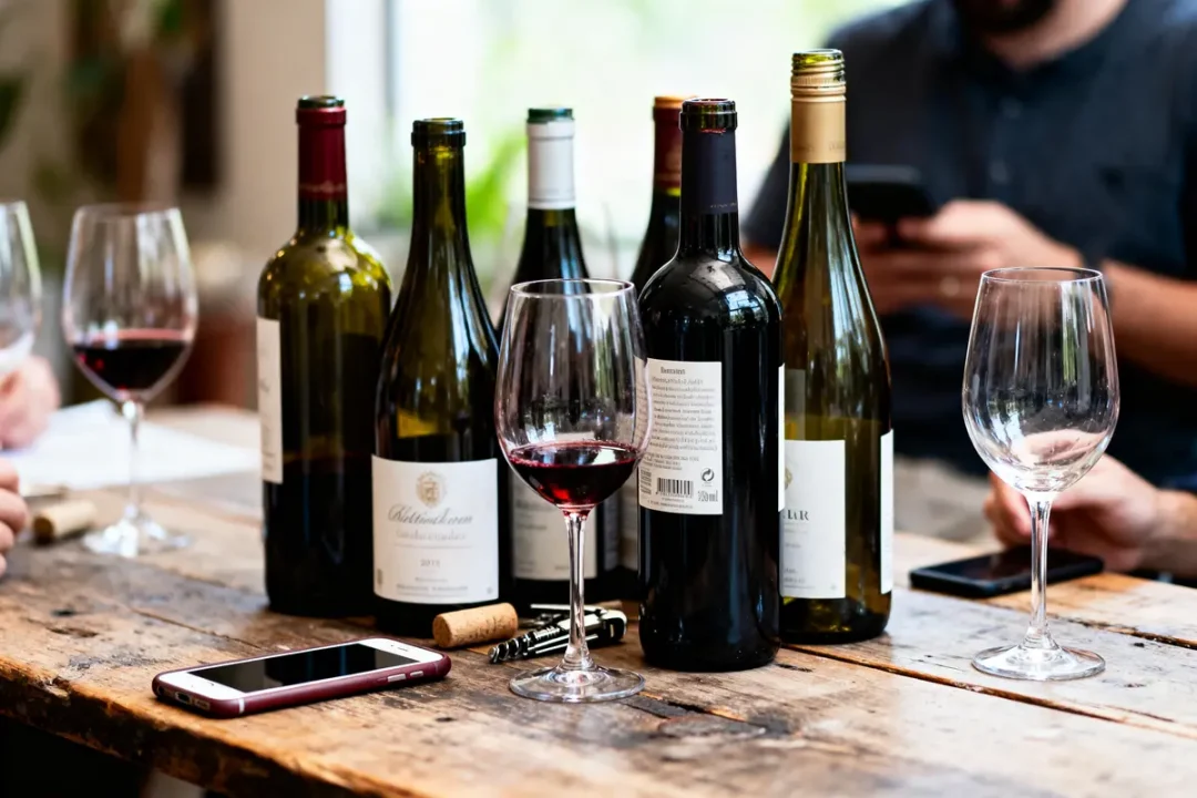 Bouteilles de vin sur table en bois avec verres, bouchons, smartphones et personnes en arrière-plan flou.