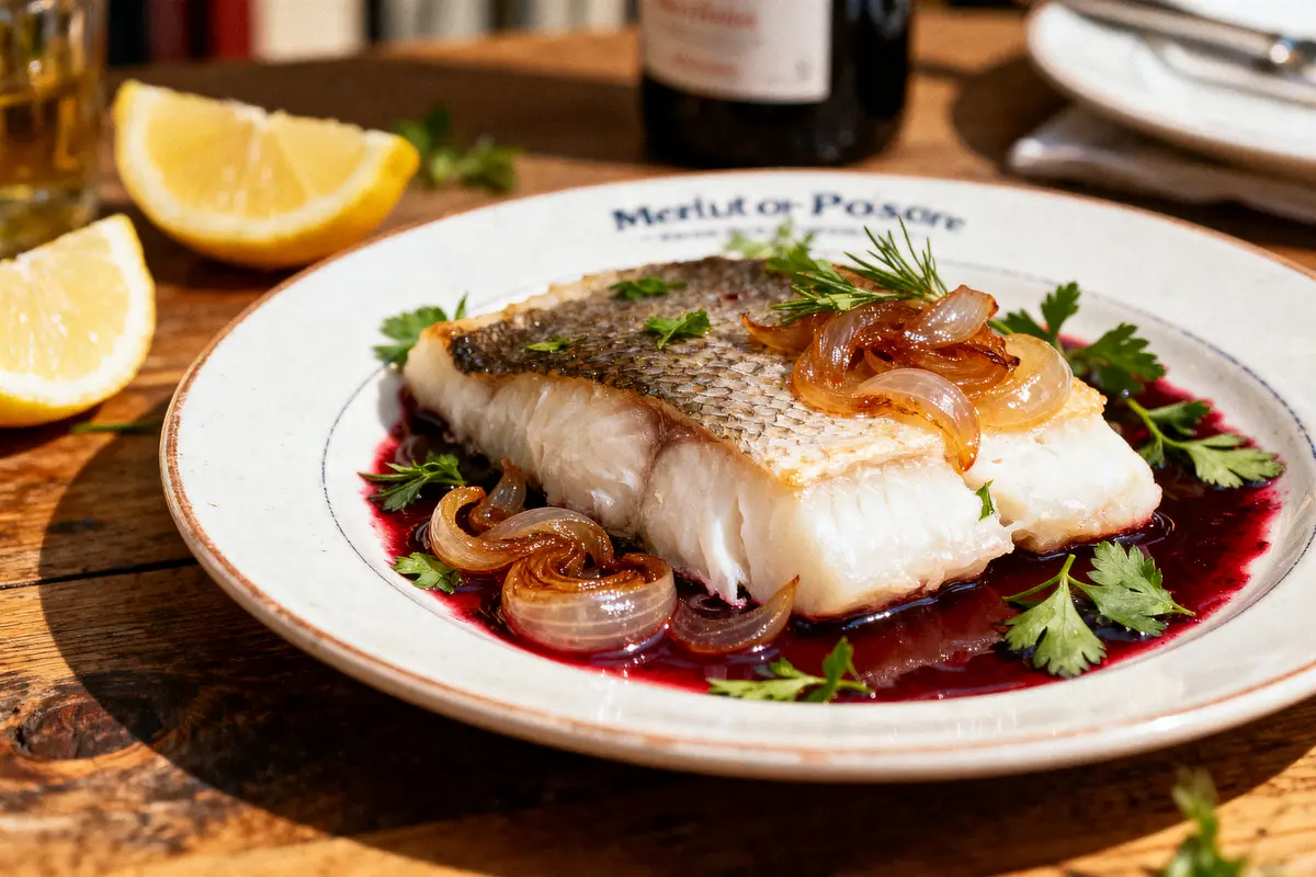 Assiette de poisson grillé avec oignons et sauce rouge, décorée de persil, citron en arrière-plan.
