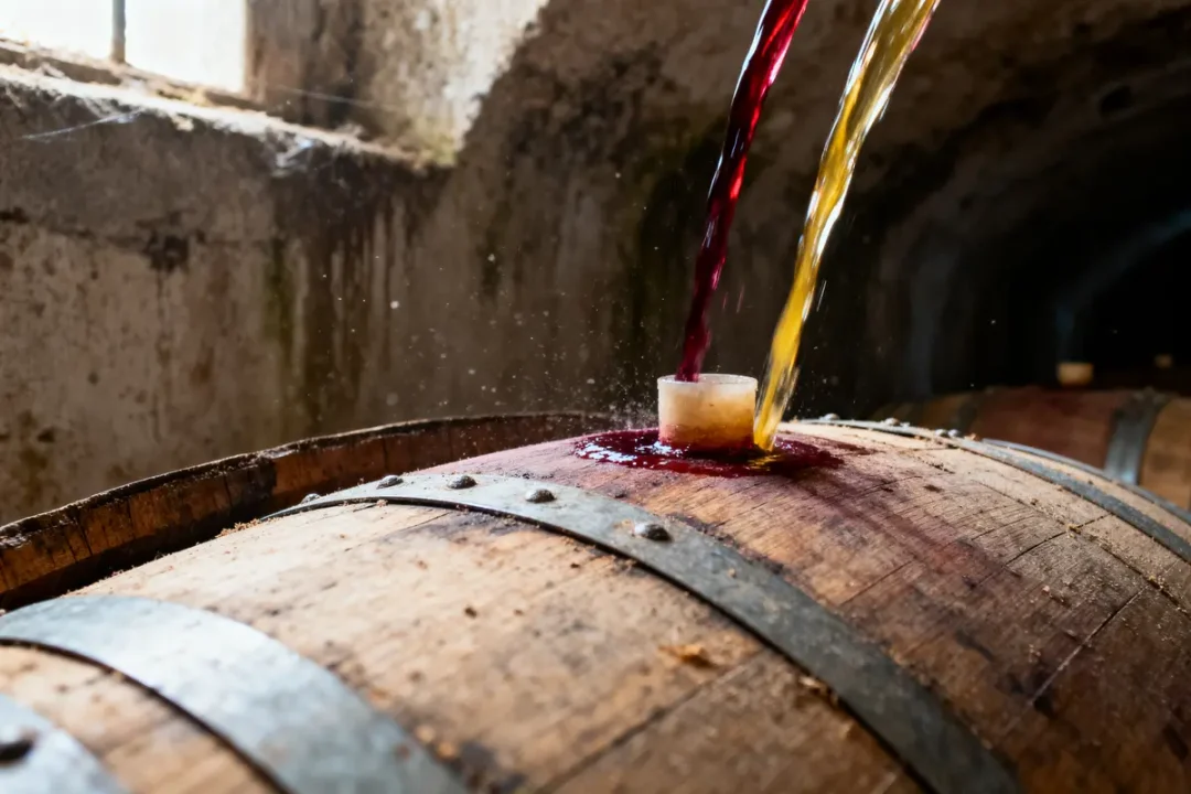 Vin rouge et blanc versé dans un tonneau en bois dans une cave.