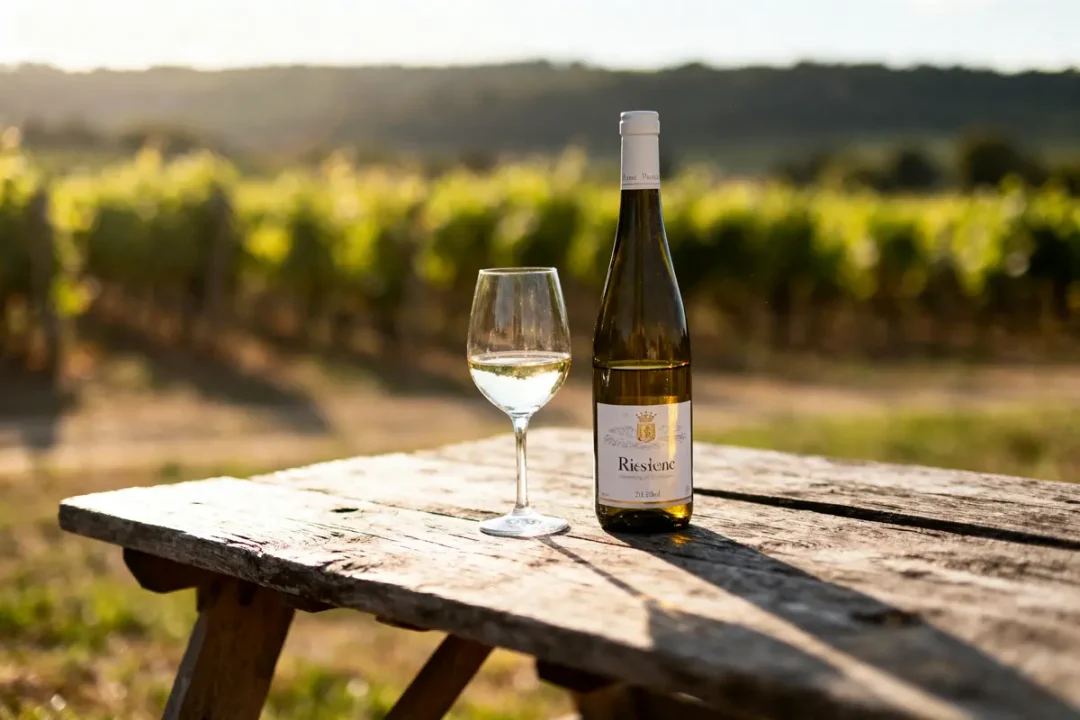 Bouteille de vin et verre sur table en bois, vignoble en arrière-plan sous le soleil.