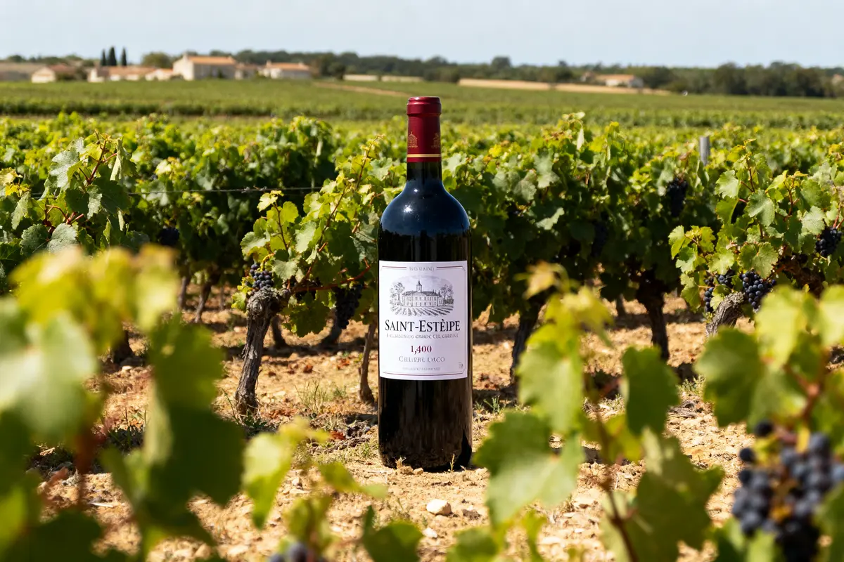 Bouteille de vin rouge Saint-Estèphe parmi les vignes sous un ciel clair.
