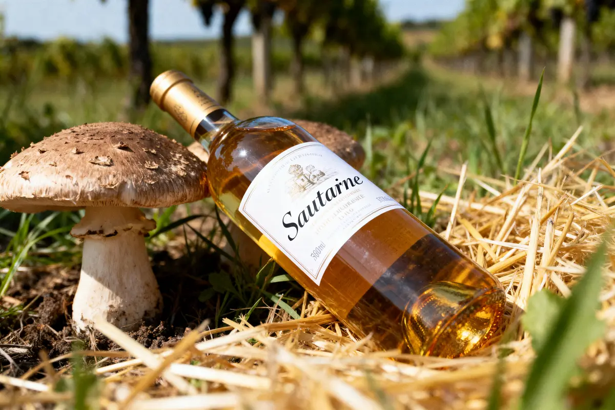 Bouteille de vin Sauterne et champignons dans un vignoble en plein air, sur de la paille.