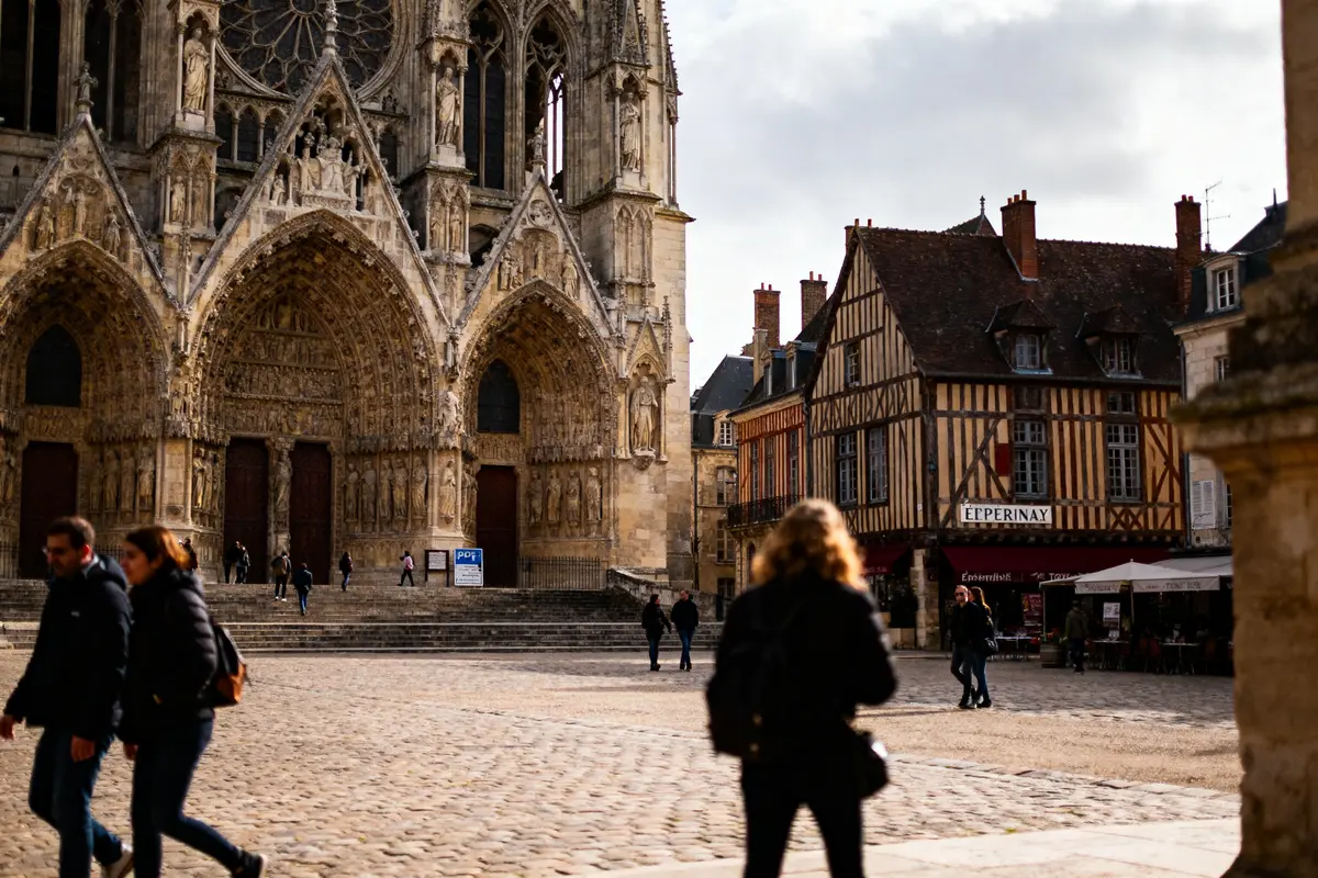 Cathédrale gothique, maisons à colombages, passants sur une place pavée, ciel nuageux.