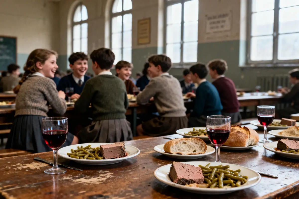 Enfants souriants à une table de cantine, plats avec haricots, pâté, pain et verre de vin.
