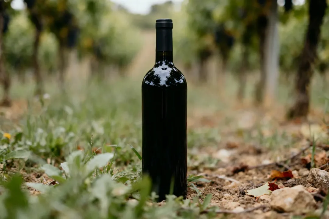 Bouteille de vin noir sur sol de vignoble avec fond flou de vignes verdoyantes.