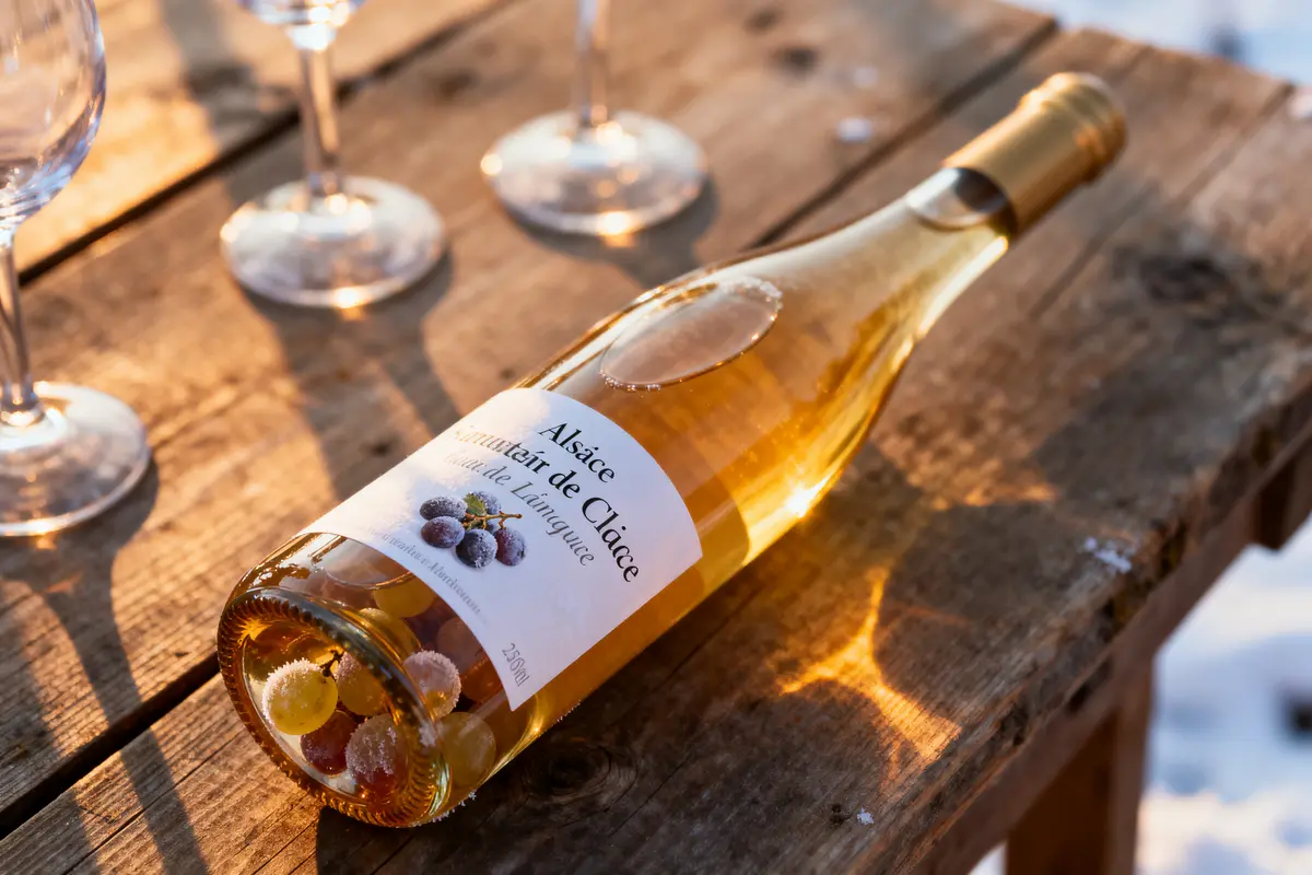 Bouteille de vin d'Alsace sur table en bois ensoleillée, avec verres à vin.