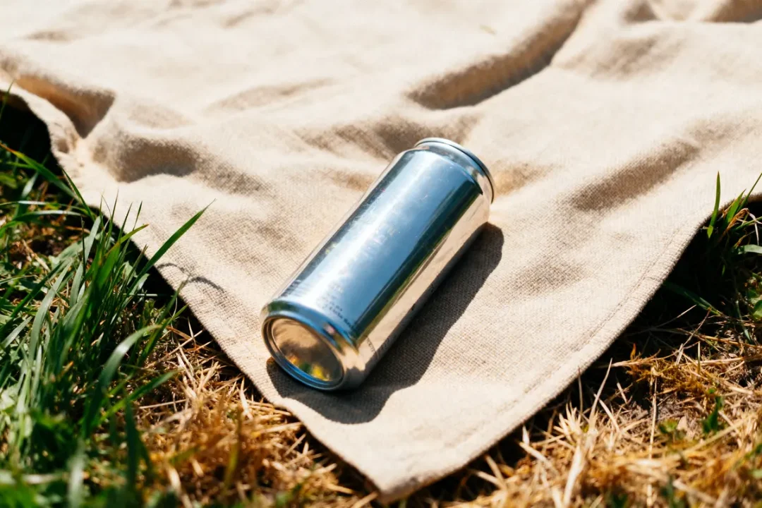 Canette métallique argentée sur une couverture beige, posée sur l'herbe ensoleillée.