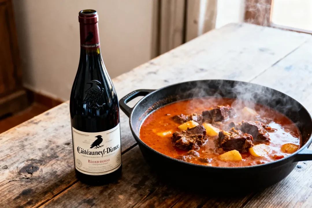 Bouteille de vin rouge et plat mijoté fumant dans une cocotte sur une table en bois.
