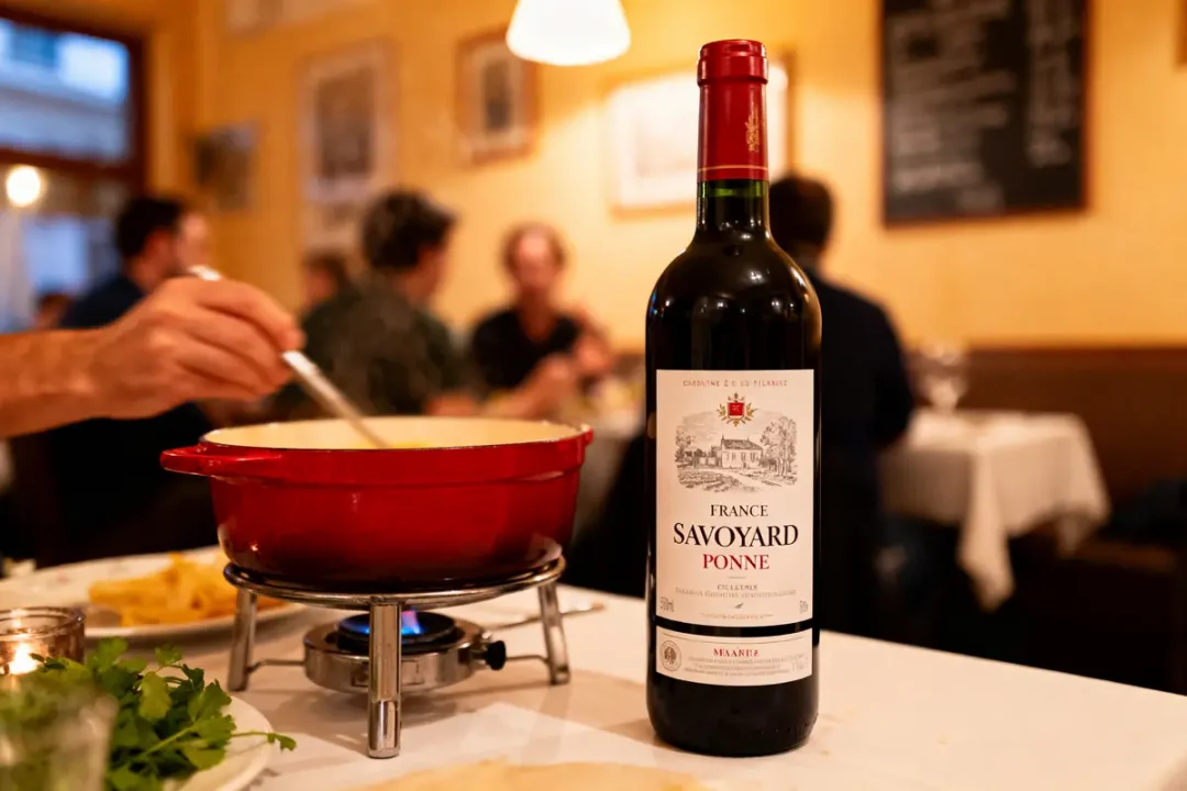 Bouteille de vin rouge Savoyard, fondue en cours, restaurant animé en arrière-plan.
