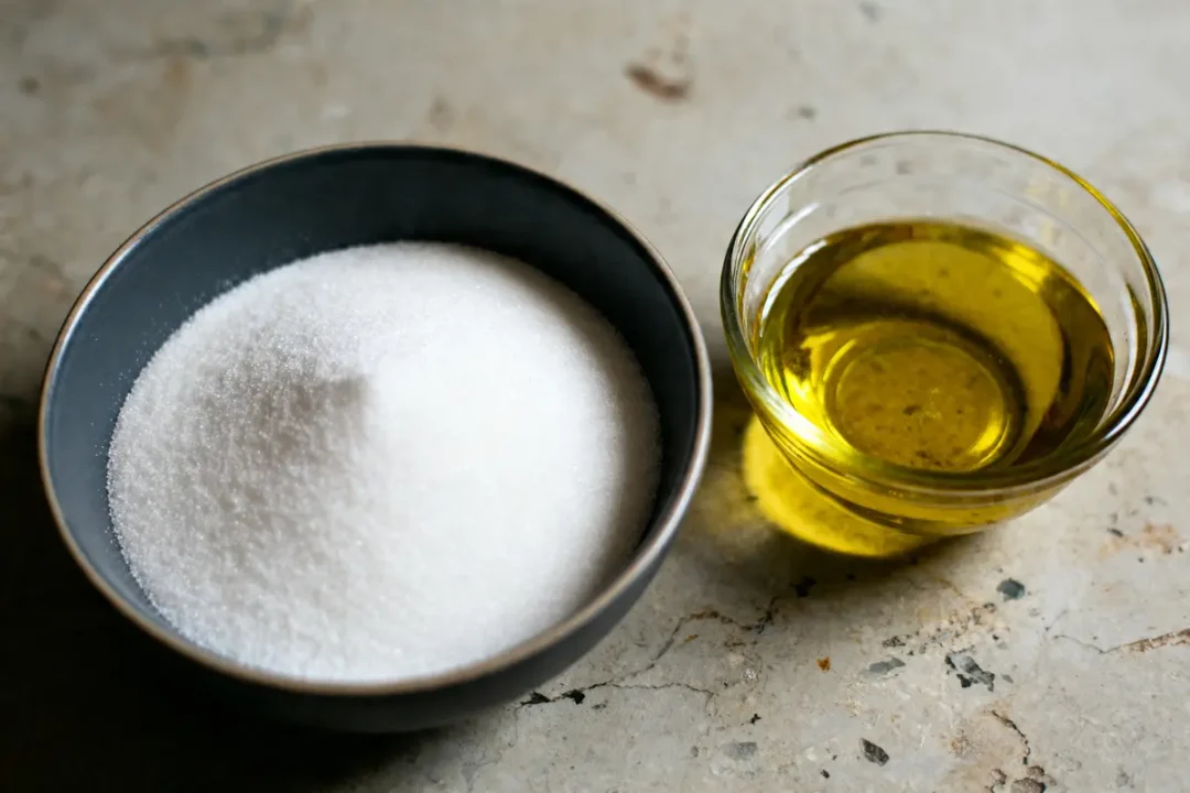 Bol de sucre et verre d'huile pour conversion gramme litre cuisinemoiunmouton