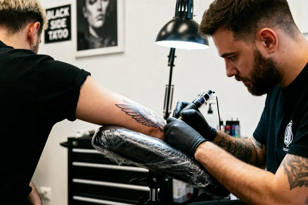 Tatoueur réalisant un tatouage d'aile sur bras chez Black Side Tattoo Troyes