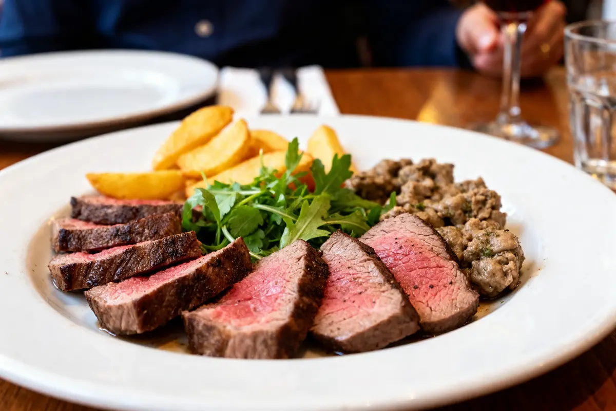 Assiette gourmet avec steak, pommes de terre, légumes verts au restaurant Léon de Lyon