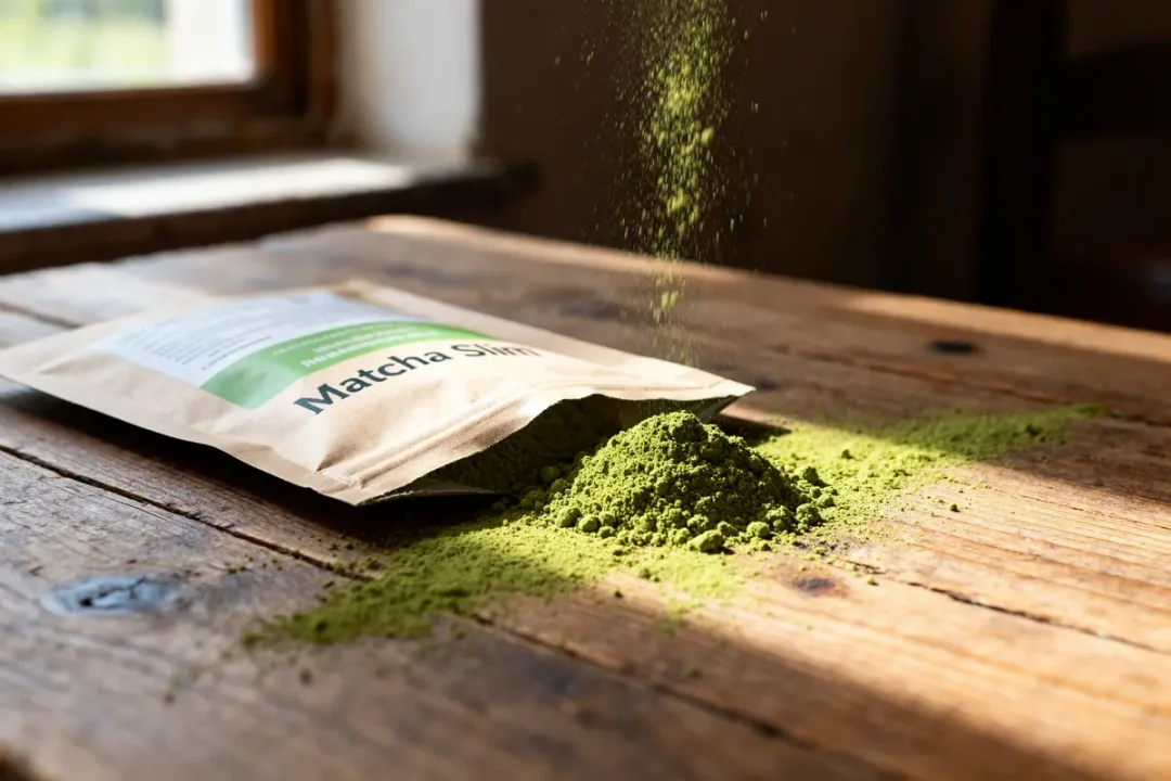 Poudre de Matcha Slim verte versée depuis un sachet sur une table en bois
