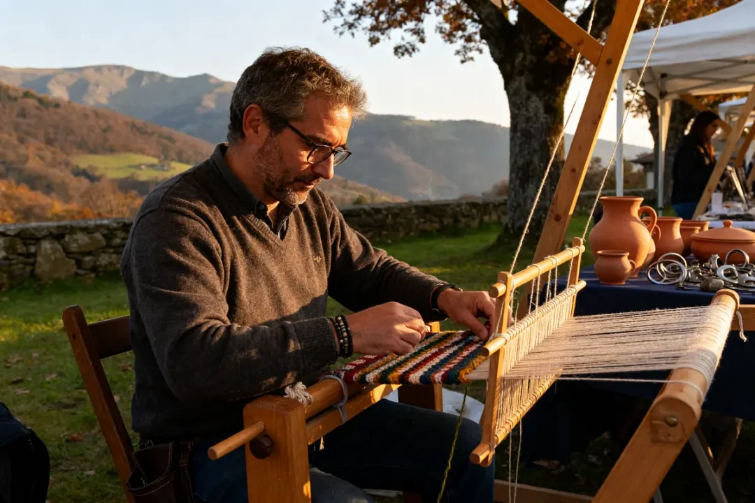 Homme tissant à la main dans un marché rural Merkatu blog basque artisanat traditionnel