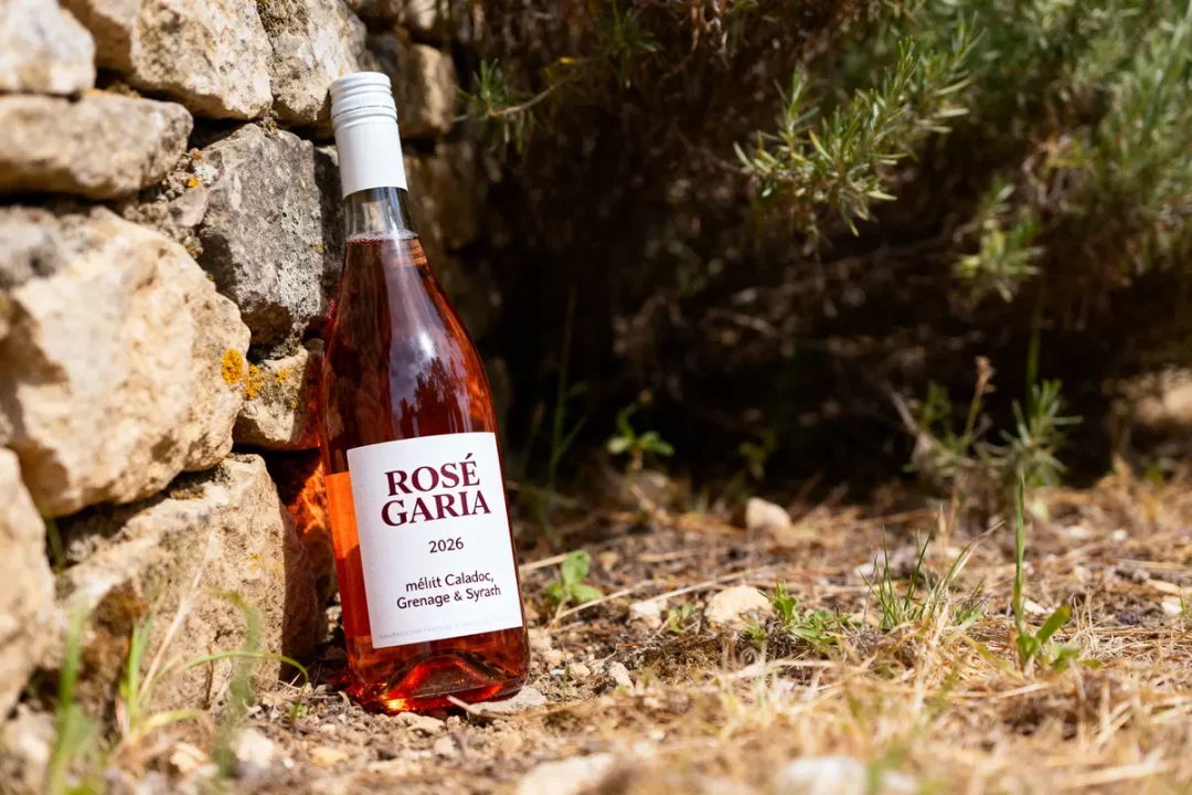 Bouteille de vin Rosé Garcia posée contre un mur de pierres en extérieur
