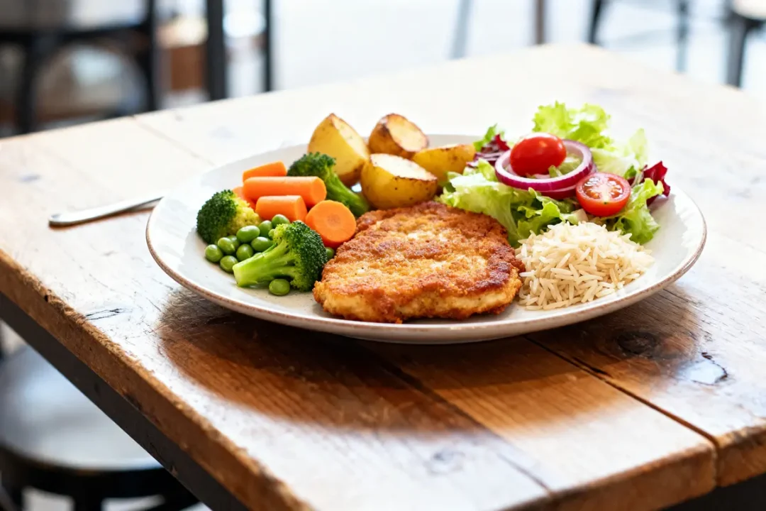 Escalope milanaise servie avec riz, légumes, pommes de terre et salade fraîche colorée