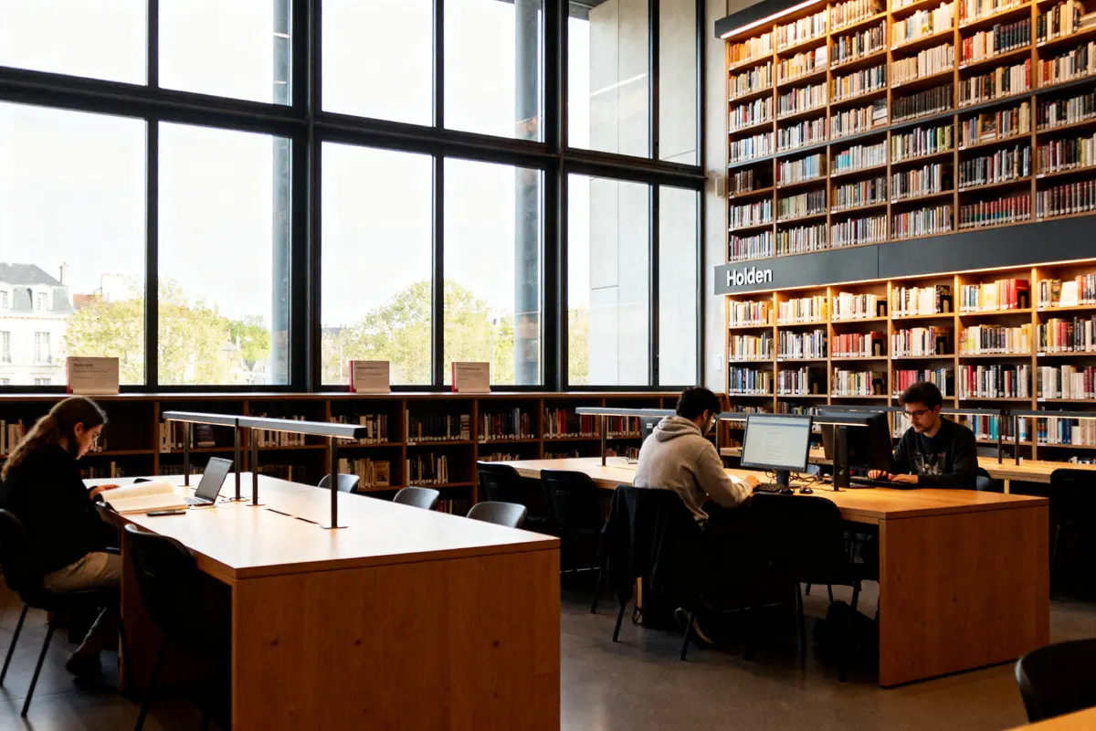 Personnes étudiant dans la spacieuse bibliothèque Holden aux grandes fenêtres et étagères remplies de livres