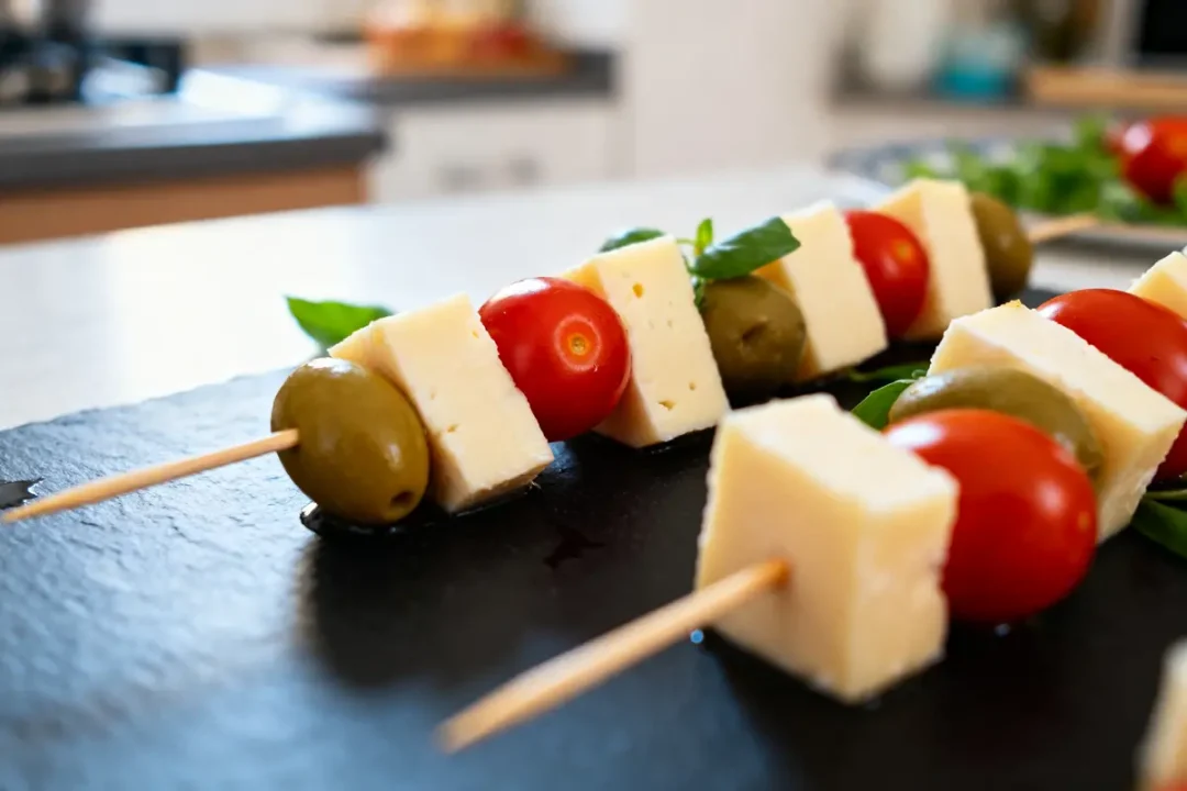 Brochette apéro à faire la veille avec tomates, olives, fromage sur planche ardoise.