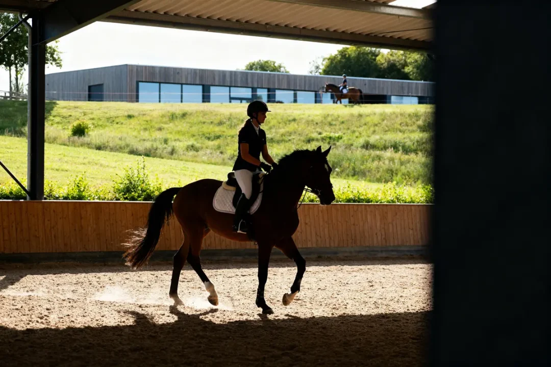Cavalier pratiquant l'équitation au centre équestre de Reims dans un manège couvert