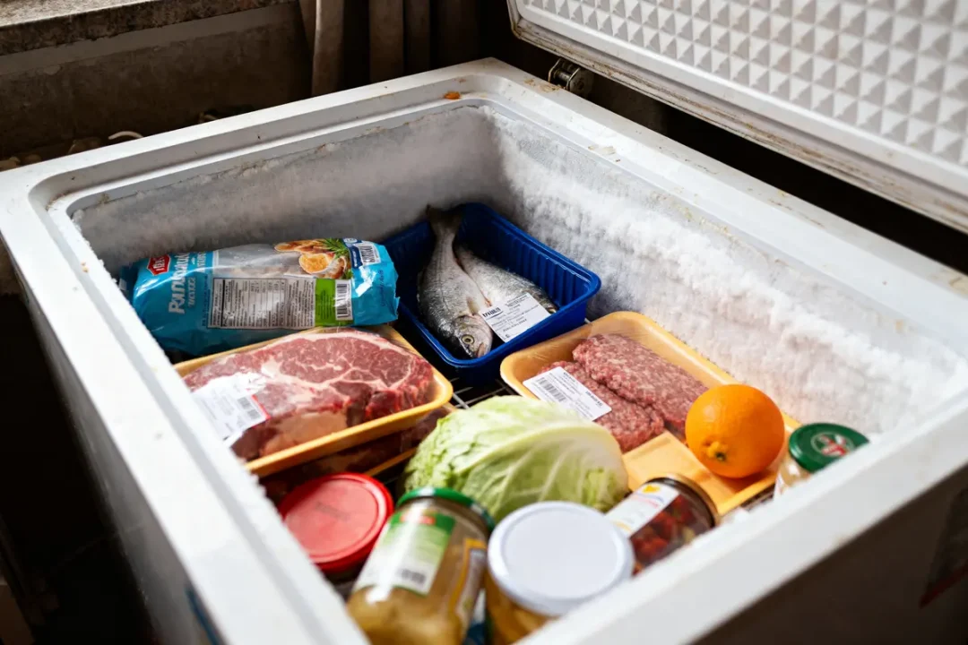 Aliments variés dans un congélateur mal fermé avec givre visible sur les parois.