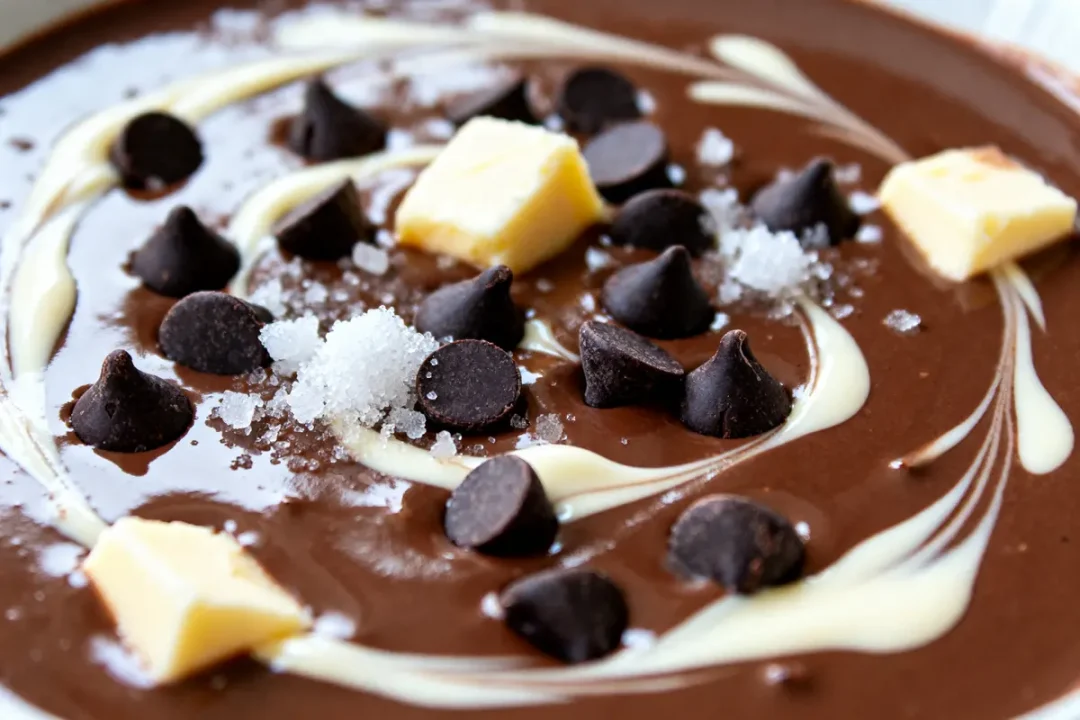 Chocolat fondu avec pépites, beurre, sucre et coulis de chocolat artistique
