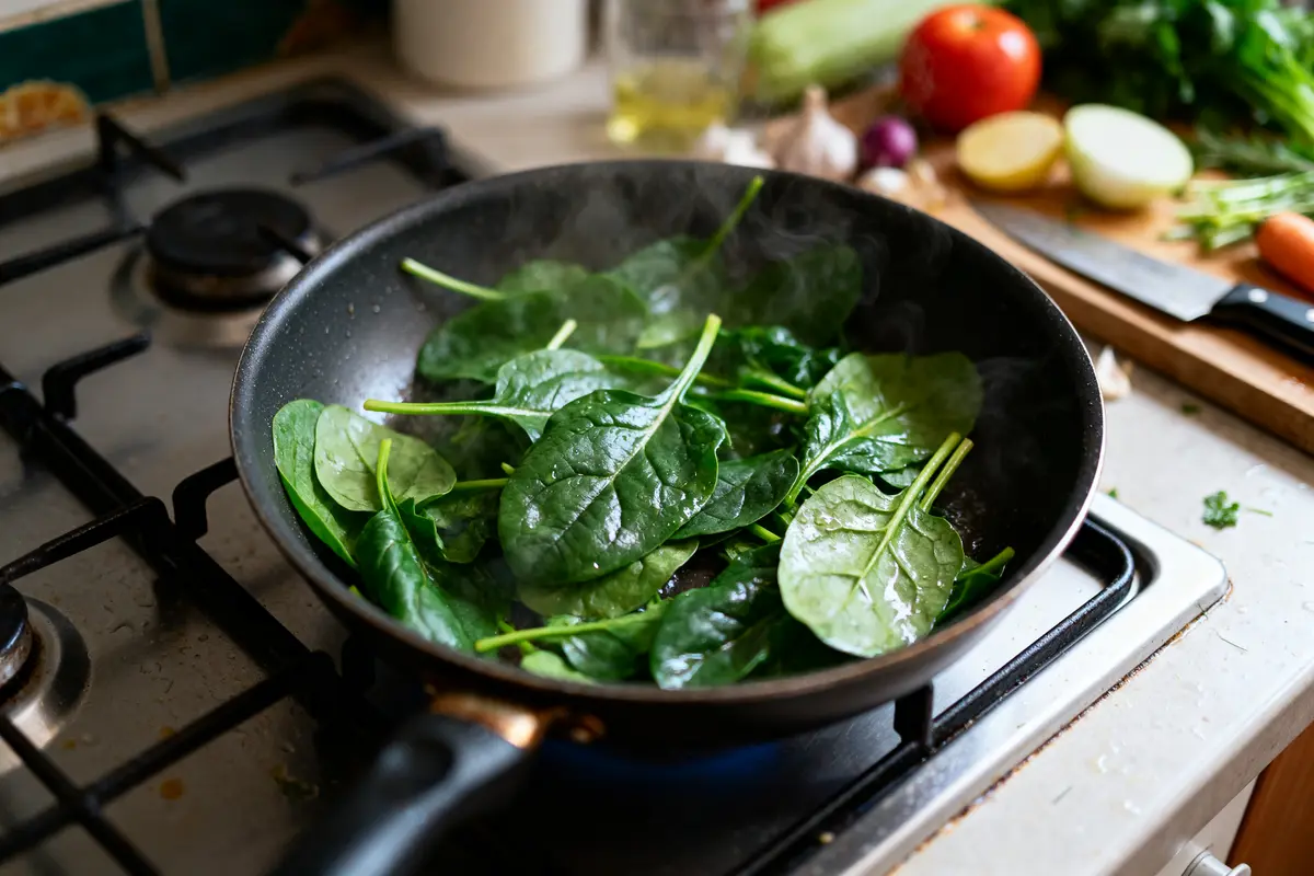 Feuilles d'épinards frais en cuisson sur une poêle au gaz dans une cuisine.